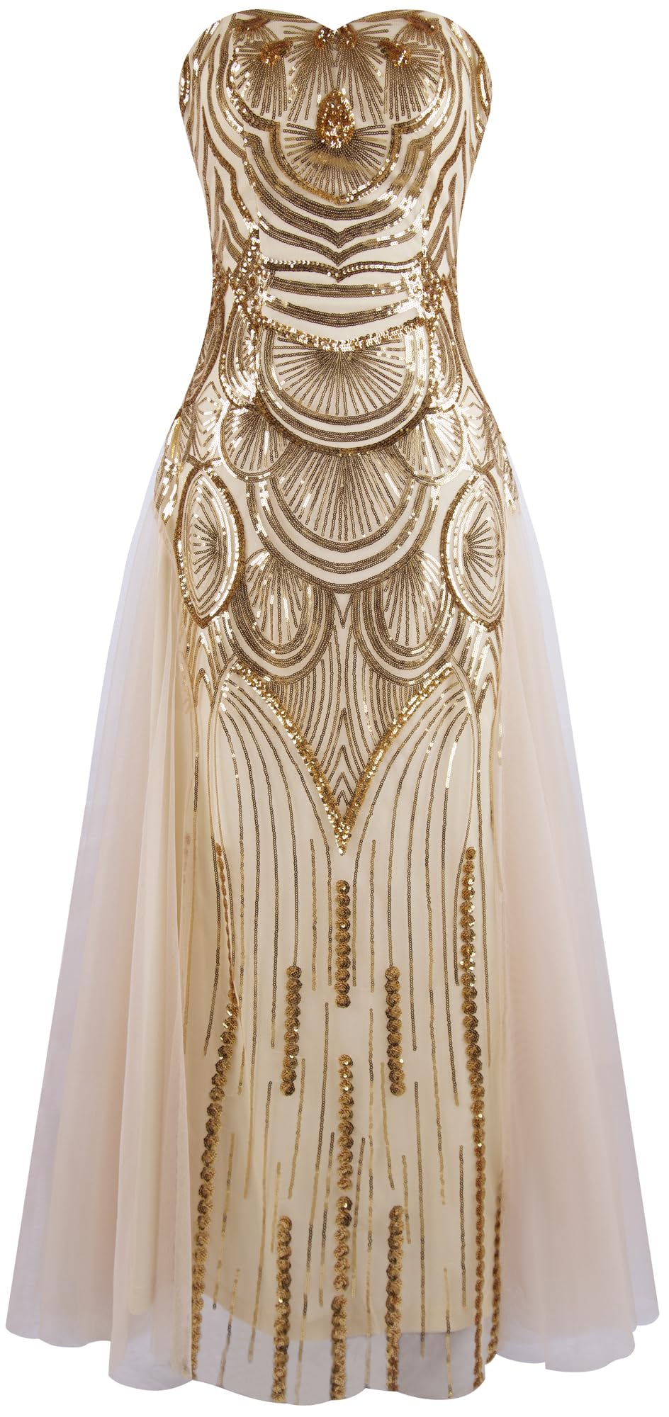 Angel-fashions Women's Champagne Sequin Strapless Sweetheart Mesh Lace up Banquet Dress X-Large